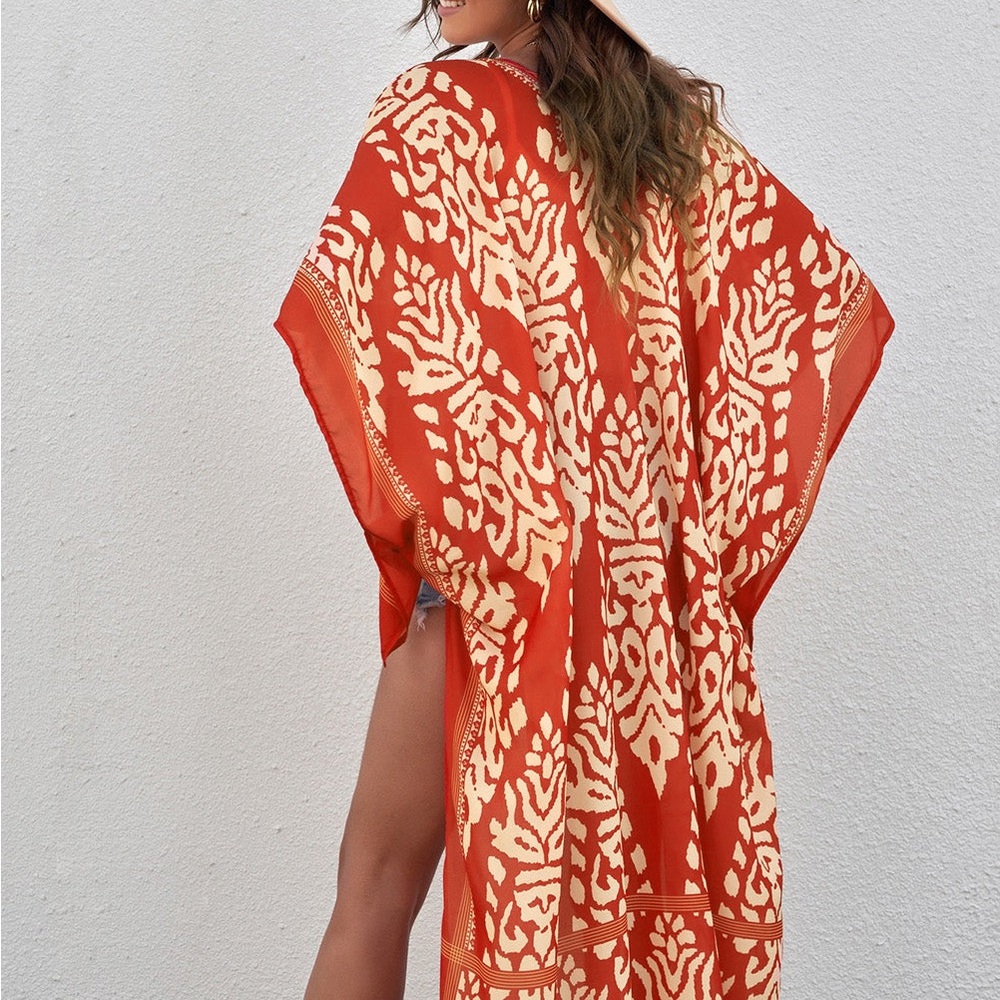 NWT Tangerine Color | Printed Open Front Duster Kimono with Tassel Trim